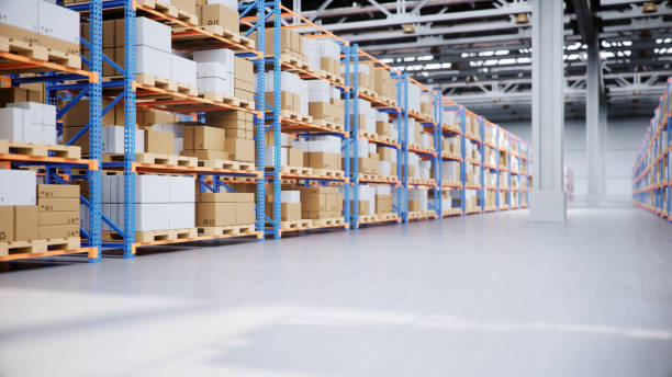 istock Warehouse with cardboard boxes inside on pallets racks, logistic center. Huge, large modern warehouse. Warehouse filled with cardboard boxes on shelves, boxes stand on pallets, 3D Illustration 1179622577