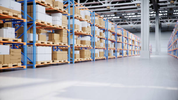 Warehouse with cardboard boxes inside on pallets racks, logistic center. Huge, large modern warehouse. Warehouse filled with cardboard boxes on shelves, boxes stand on pallets, 3D Illustration stock photo