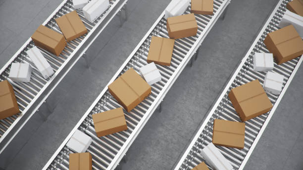 istock 3D illustration Packages delivery, packaging service and parcels transportation system concept, cardboard boxes on a conveyor belt in a warehouse, Three conveyor belts 1179622581