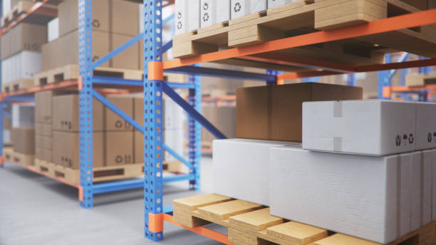 istock Warehouse with cardboard boxes inside on pallets racks, logistic center. Huge, large modern warehouse. Warehouse filled with cardboard boxes on shelves, boxes stand on pallets, 3D Illustration 1179622609