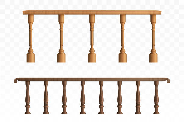 Wooden balustrade and balcony railing or handrails Wooden balustrade, balcony railing or handrails set. Banister or fencing sections with decorative pillars. Panels balusters for architecture design isolated elements. Realistic 3d vector illustration baluster stock illustrations