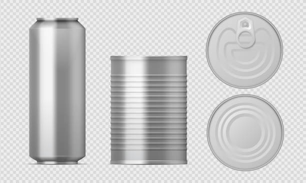 ilustrações, clipart, desenhos animados e ícones de lata de estanho do metal. pacotes de alimentos realistas modelos de cilindros em branco, caixas de alumínio conservadas com diferentes pontos de vista. jogo isolado vetor - cylinder box packaging three dimensional shape