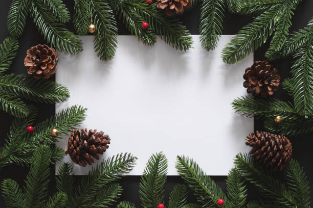 istock Christmas background with blank empty copy space white box for text with christmas tree and pinecone decoration. flatlay topview 1179627409