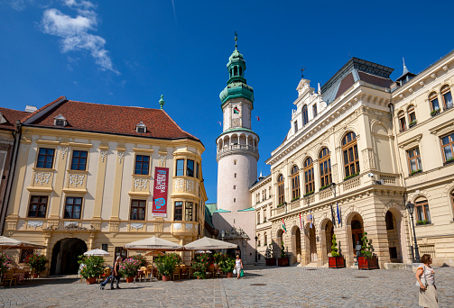 Sopron Hungary Jun 2, 2019: View of the Old Town's main square in the Hungarian city Sopron.