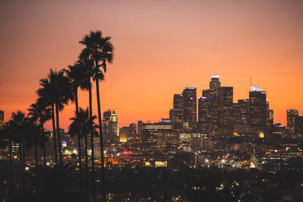 los angeles pejzaż miejski o zmierzchu - city of los angeles city life cityscape night zdjęcia i obrazy z banku zdjęć