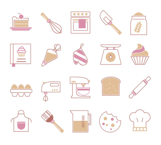 illustrazioni stock, clip art, cartoni animati e icone di tendenza di set di icone vettoriali per infografiche cretaing relative alla cottura, tra cui cibo come cupcake, strumenti come sacchetto di tubazioni o frusta e vari ingredienti come uova o farina - equipment egg beater household equipment kitchen utensil