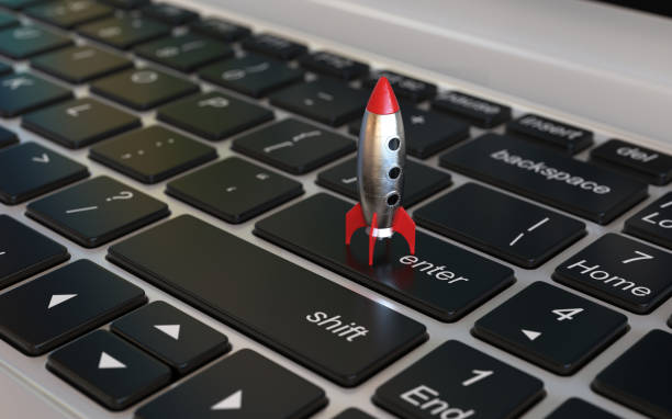 Start up 3d concept, space ship rocket on the laptop keyboard