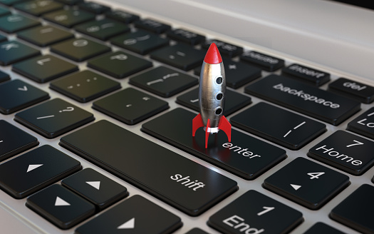 Start up 3d concept, space ship rocket on the laptop keyboard, 3d rendering illustration
