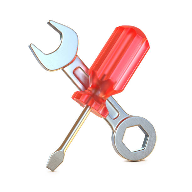 screwdriver and wrench crossed, tools 3d icon - computer repairing work tool clipping path imagens e fotografias de stock