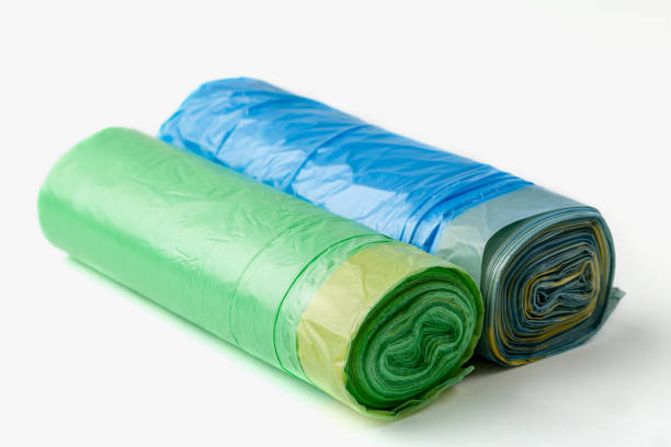 istock Rolls of plastic garbage bag on white background, close up, recycle plastic packet, close up 1179632969