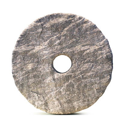 Stone wheel isolated on white background 3d rendering  illustration