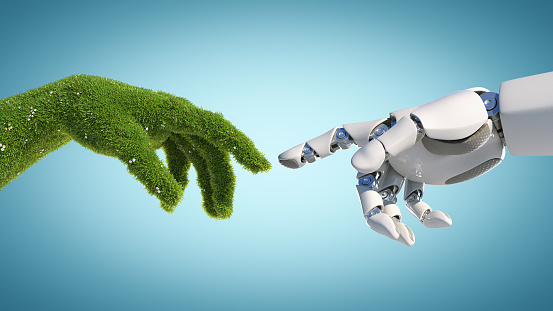 Nature and technology abstract concept, robot hand and natural hand covered with grass reaching to each other, tech and nature union, cooperation, 3d rendering