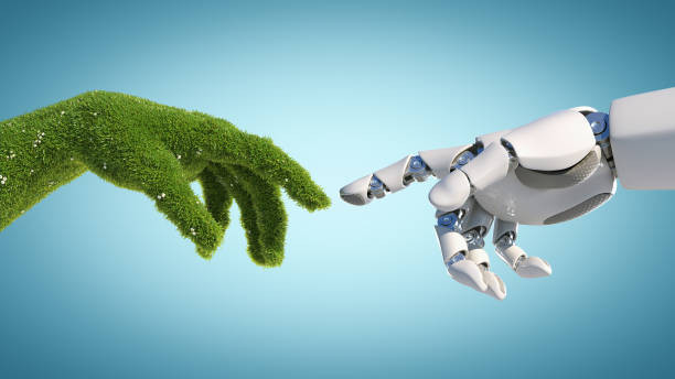 Nature and technology abstract concept, robot hand and natural hand covered with grass Nature and technology abstract concept, robot hand and natural hand covered with grass reaching to each other, tech and nature union, cooperation, 3d rendering companion plants stock pictures, royalty-free photos & images