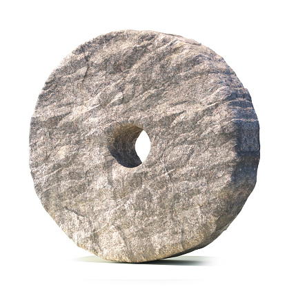 Stone wheel isolated on white background 3d rendering  illustration