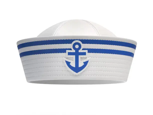 Sailor hat with blue anchor emblem isolated on white background 3d rendering illustration