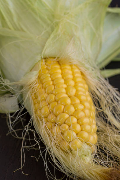 istock Raw corn with green leaves. Close-up. Black background 1179635071