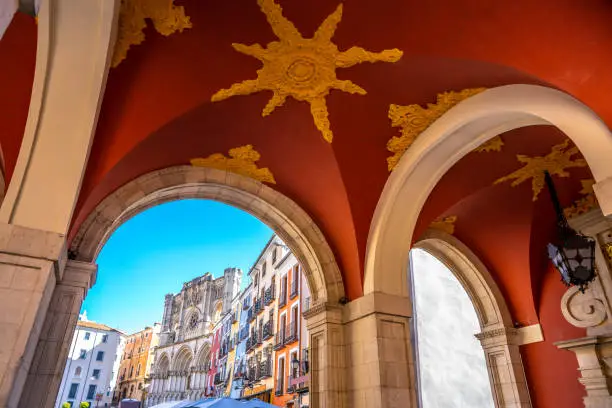 Cuenca city town hall archs in Plaza Mayor Unesco World Heritage at Castile La Mancha of spain