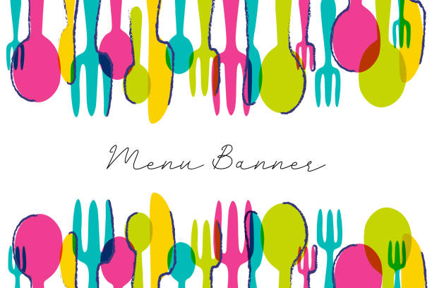 다채로운 메뉴 배너입니다. 현대 레스토랑 그래픽입니다. 비즈니스 벡터 그림입니다. - 식사 음식 stock illustrations