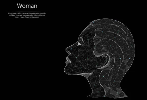Vector illustration of Abstract image girl's head in the form of lines and dots, consisting of triangles and geometric shapes. Low poly vector background.