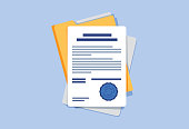 istock Contract or document signing icon. Document, folder with stamp and text. Contract conditions, research approval 1179640294