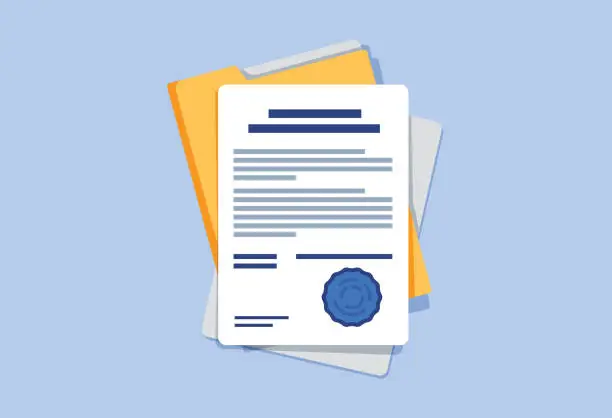 Vector illustration of Contract or document signing icon. Document, folder with stamp and text. Contract conditions, research approval