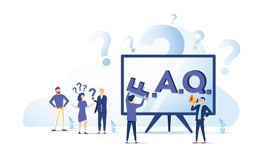 FAQ. People frequently asked questions around question marks. Vector illustration for web banner, print, infographics, mobile website. Landing page template. Answer to question on website.