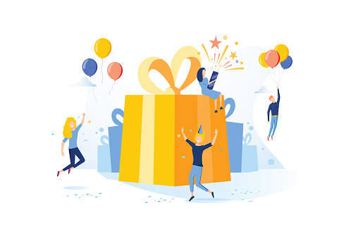 Concept vector illustration with birthday celebrations theme. Birthday party celebration with friends. People blow their whistles, dance and celebrate the holiday around a big, beautiful, bright gift.