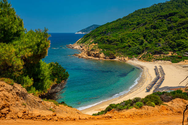 Crystal clear sea and the picturesque pebbled beach in Skiathos, Greece
