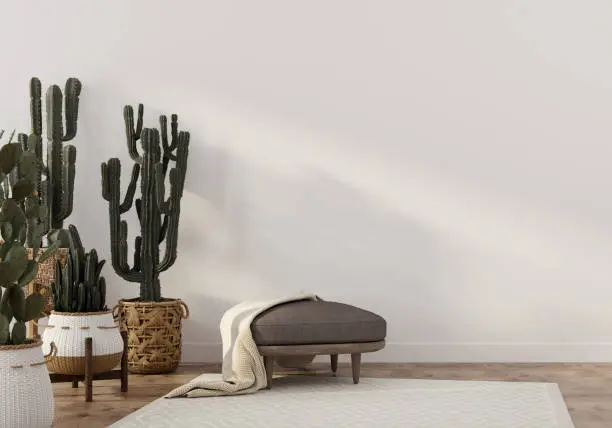 Boho-style interior with stylish leather pouf and wicker pots with cacti / 3D illustration, 3d render