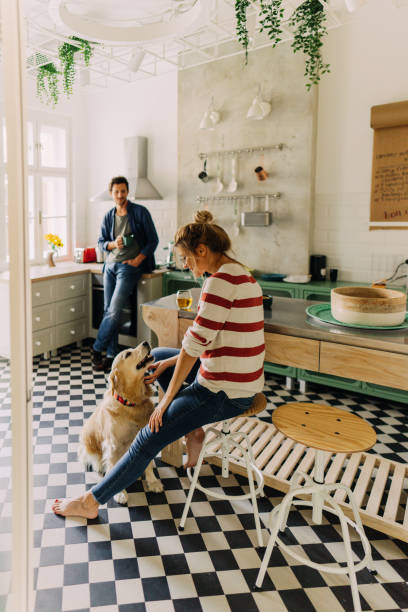 mañana en la cocina con nuestro perro - home interior people beautiful lifestyles fotografías e imágenes de stock