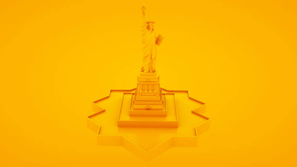 statue de la liberté d'isolement sur le fond jaune. illustration 3d - réplique de la statue de la liberté odaiba photos et images de collection