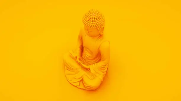 Photo of Yellow Buddha statue isolated on yellow background. 3d Illustration