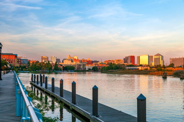 The Christina River Walkoffers a perfect view of the Wilmington DE Skyline. stock photo