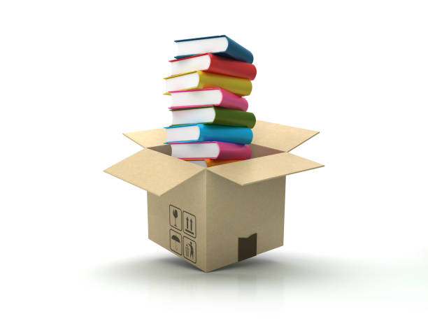 Cardboard Box with Books on Wood Floor - White Background - 3D Rendering