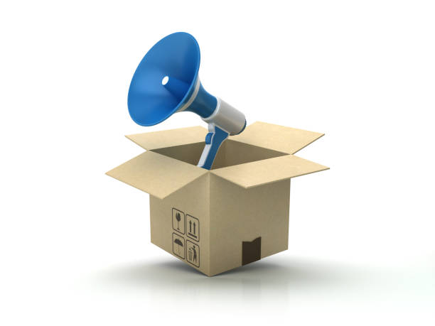 istock Cardboard Box with Megaphone on Wood Floor - 3D Rendering 1179647729