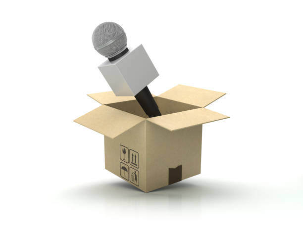 istock Cardboard Box with Microphone on Wood Floor - 3D Rendering 1179648559