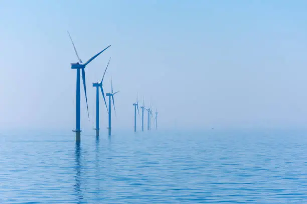 Wind turbines in the North Sea of the coast of England.