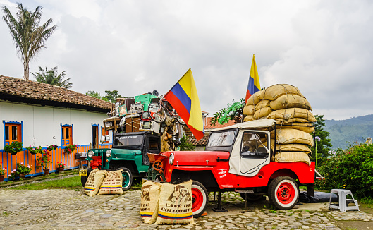 Willy jeeps in the village of Salneto next to the valley of Salento in Colombia on 21th March 2019
