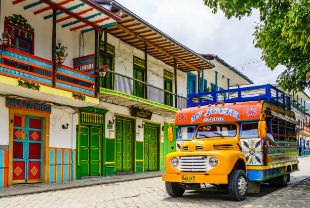 Typical colorful chicken bus in Jardin, Antioquia, Colombia, South America stock photo