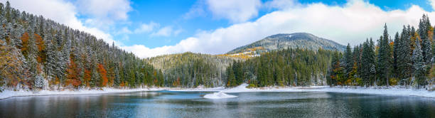istock The first snow on a lake in a mountain forest 1179654027