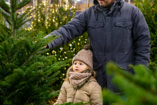 istock Father and daughter choose a Christmas tree in a shop 1179656548