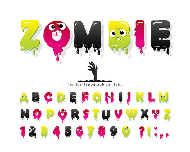 illustrazioni stock, clip art, cartoni animati e icone di tendenza di zombie halloween font. gelatina sottile lettere colorate e numeri. alfabeto creativo spaventoso isolato sul bianco. vettore - monster set pattern green