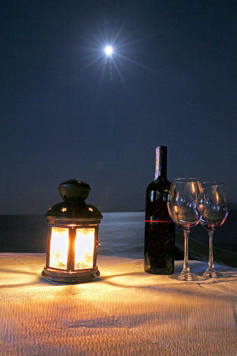 red wine glasses lamp Romance in the moonlight