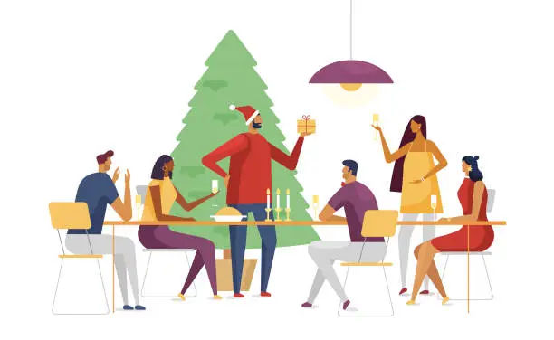 Vector illustration of Christmas table with happy people. Vector illustration, flat design