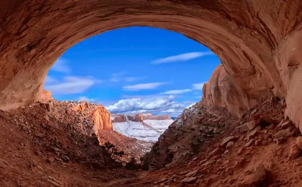 Photo of Beautiful view of canyon from a cave on winter day.