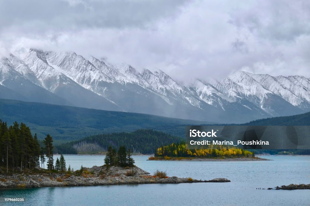 Colourful island in Upper Kananaskis lake surrounded by snowy mountains on a foggy day. Autumn foliage of Canadian Rockies. Peter Lougheed Provincial Park. Alberta. Canada. Aspen Tree Stock Photo