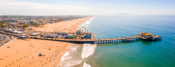 aerial view of santa monica pier, california - usa. - santa monica pier beach panoramic santa monica imagens e fotografias de stock