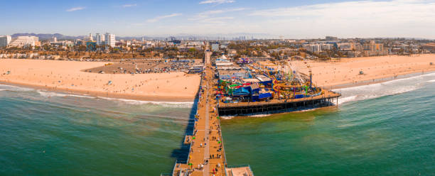 aerial view of santa monica pier, california - usa. - santa monica pier beach panoramic santa monica imagens e fotografias de stock