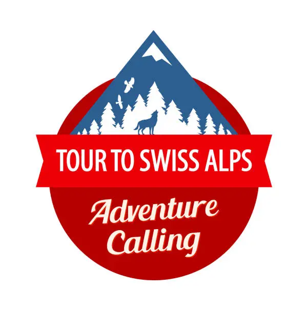 Vector illustration of Tour to Swiss Alps, Vector Badge with Ribbon and captions.