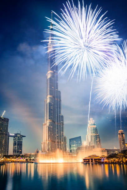 fireworks around Burj Khalifa - exotic New Year destination, Dubai, UAE stock photo